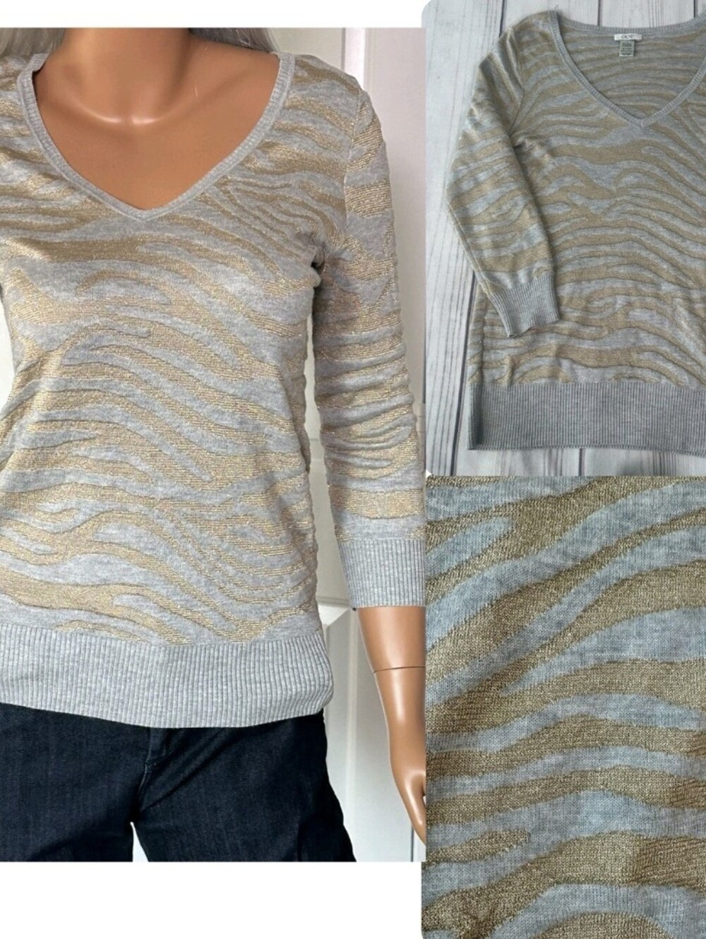 Cache Metallic Zebra Sweater Gray Gold Animal Print Size XS